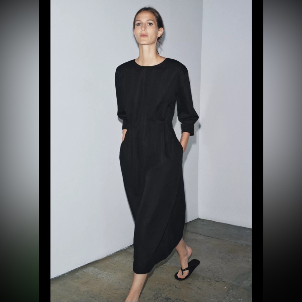 Black Long Sleeve Midi Dress - Minimalist Women's Dress